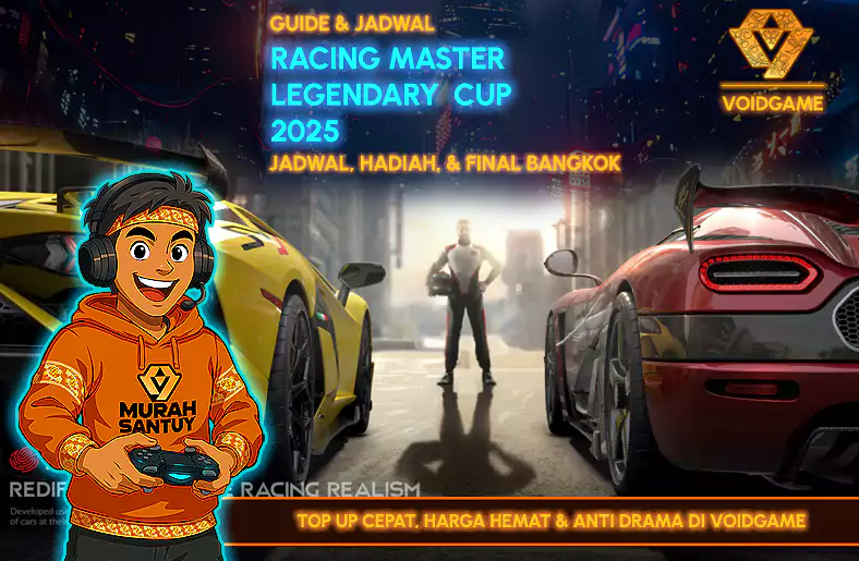 Racing Master Legendary Cup 2025: Jadwal, Hadiah & Final Bangkok Cover Racing Master Legendary Cup 2025: dua supercar kuning & merah di kota neon, maskot Vee di kiri, judul guide jadwal, hadiah & final Bangkok.