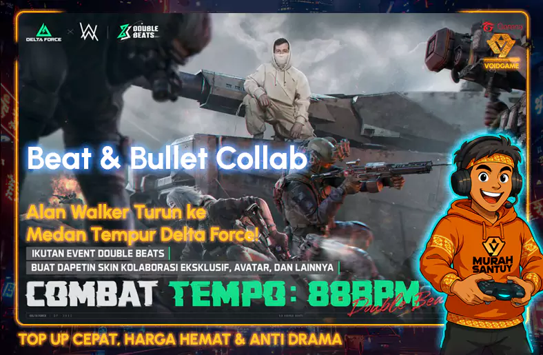 🎧 Beat & Bullet: Alan Walker Guncang Medan Tempur Delta Force! Banner event Delta Force x Alan Walker Double Beats Fest 2025 bergaya futuristik batik digital, menampilkan maskot Vee VoidGame dan adegan pertempuran dengan tempo musik 88 BPM.