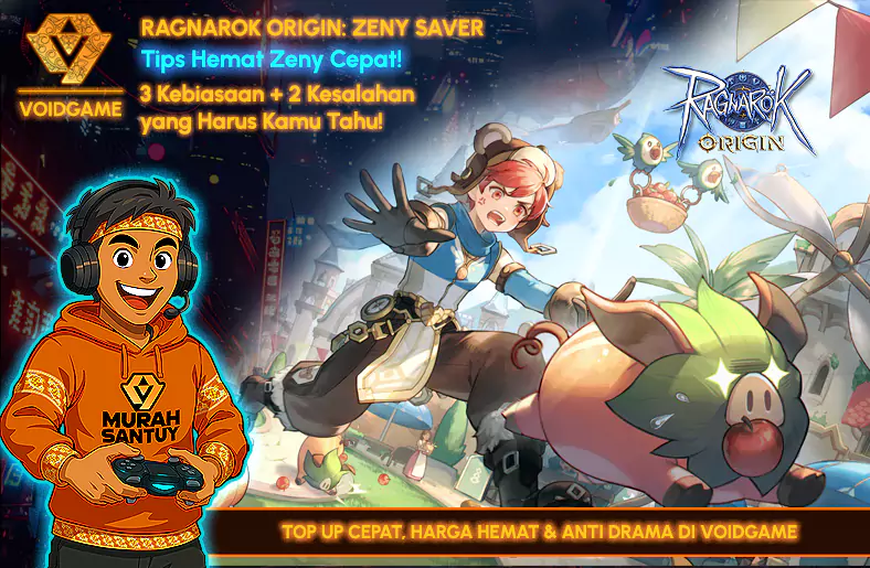 Ragnarok Origin: Zeny Saver — 3 Kebiasaan + 2 Kesalahan yang Wajib Kamu Tahu 💰⚔️ Banner tips hemat Zeny Ragnarok Origin bergaya futuristik batik digital dengan maskot Vee. Headline “Zeny Saver: 3 Kebiasaan + 2 Kesalahan”. Menonjolkan panduan singkat untuk pemula dan veteran.