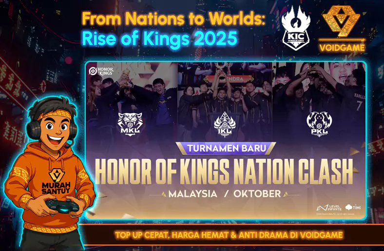 Medan Perang Telah Siap! Inilah Para Raksasa yang Akan Bertarung di KNC 2025 Cover “Daftar Tim KNC 2025” — Maskot Vee VoidGame, logo KNC/KIC, tiga liga (IKL, MKL, PKL), tema futuristik batik digital, info tanggal & lokasi.